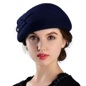 7516 Womens Wool Felt French Berets Bowler Hat Artist Boina Bowknot Cap Navy